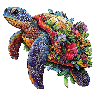 Floral Reef: Flower Sea Turtle Irregular Wood Jigsaw