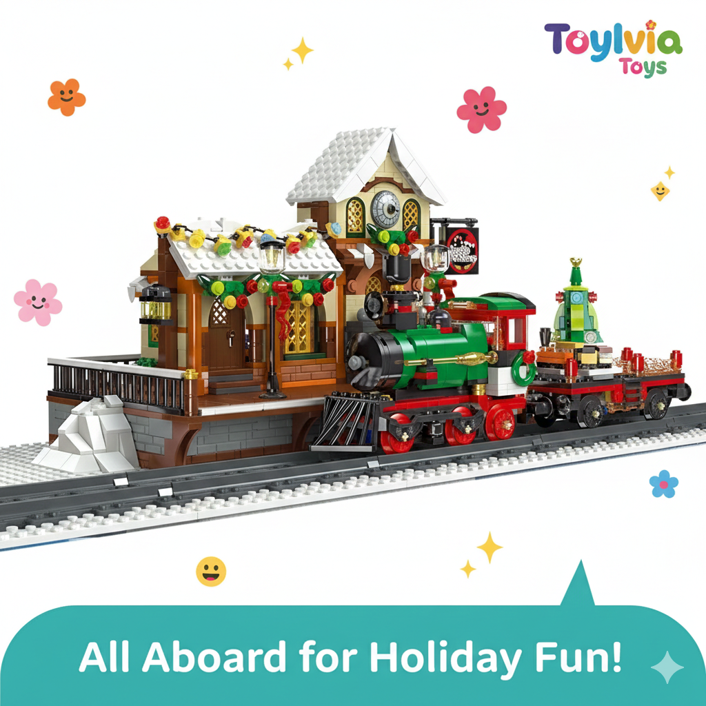 Toy train set with a station and festive decorations on a white background, featuring the brand 'Toylivia Toys'.