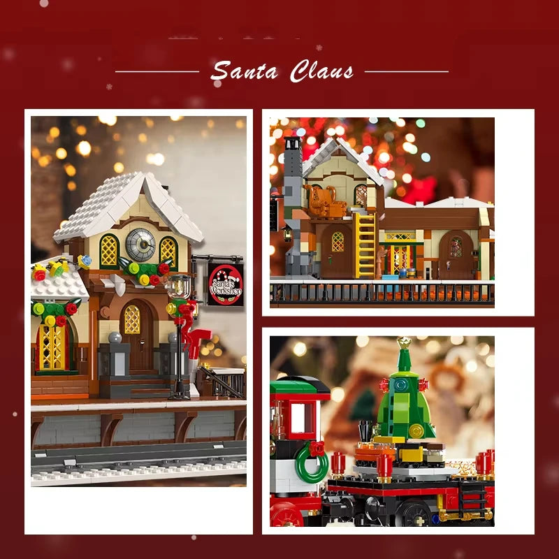 Collage of Christmas Train Building Blocks Set showing station facade, interior details, and festive train decorations – Toylvia