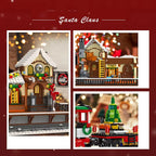 Collage of Christmas Train Building Blocks Set showing station facade, interior details, and festive train decorations – Toylvia