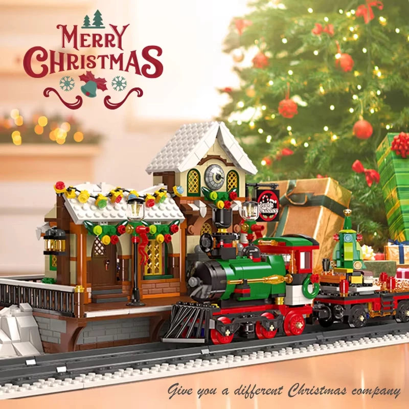 Christmas Train Building Blocks Set displayed in a festive holiday scene with decorated station, gifts, and Christmas tree – Toylvia