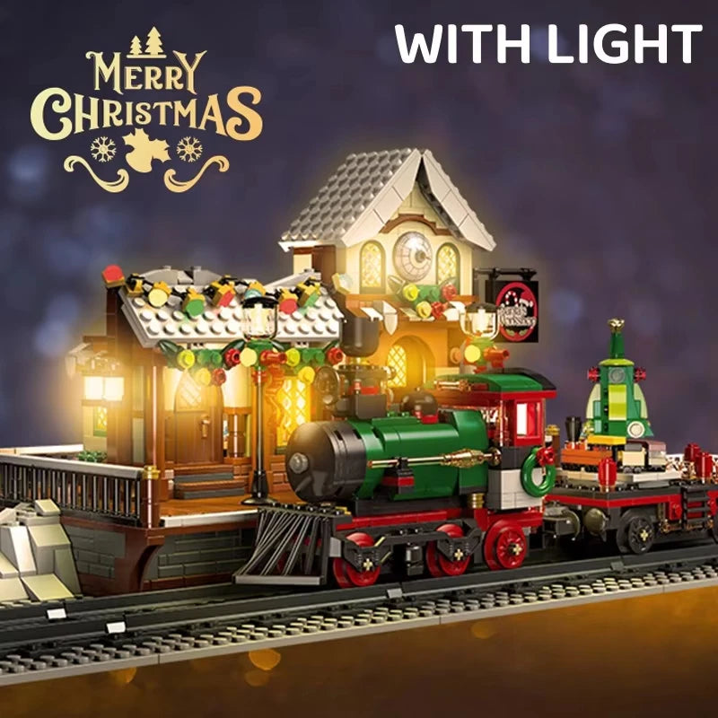 Christmas Train Building Blocks Set with illuminated station and glowing lights, festive holiday night scene – Toylvia