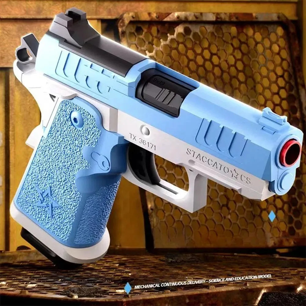 Toylvia 2011 blue soft bullet blaster showing detailed side view and grip texture.