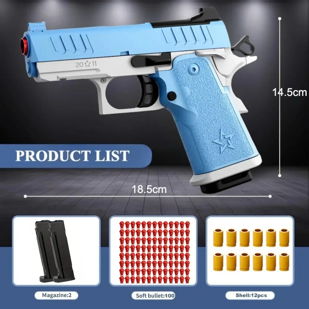 Toylvia 2011 soft bullet blaster with size dimensions and large accessory set including two magazines, 100 bullets, and 12 shells.