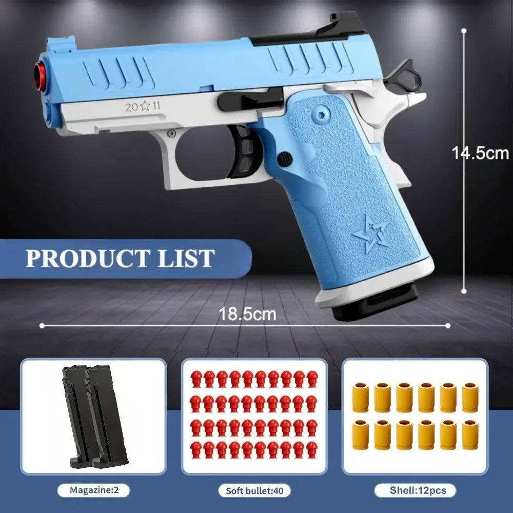 Toylvia 2011 soft bullet blaster with dimensions and medium accessory set including two magazines, 40 bullets, and 12 shells.
