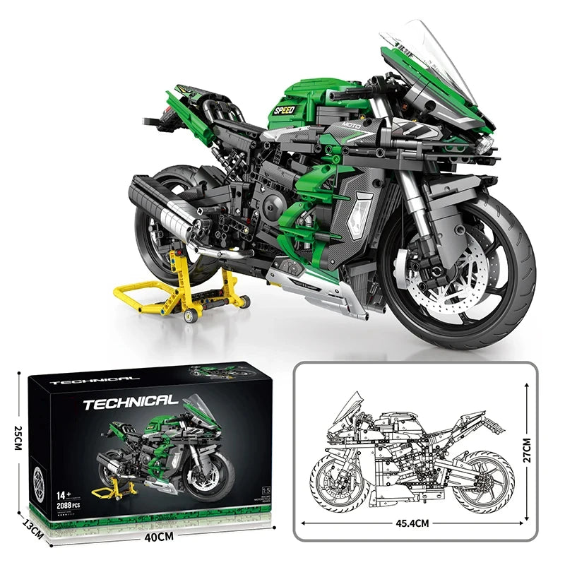 2088 piece technical motorcycle building blocks model with packaging box assembly diagram and product dimensions on white background