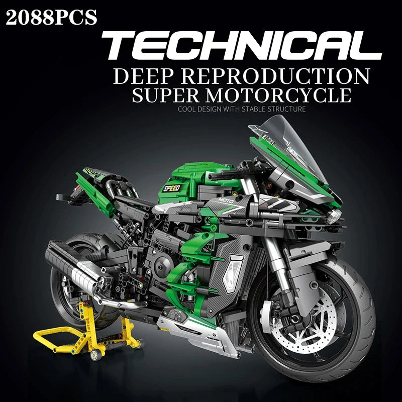2088 piece technical super motorcycle building blocks model in green and black 1:5 scale display Main image