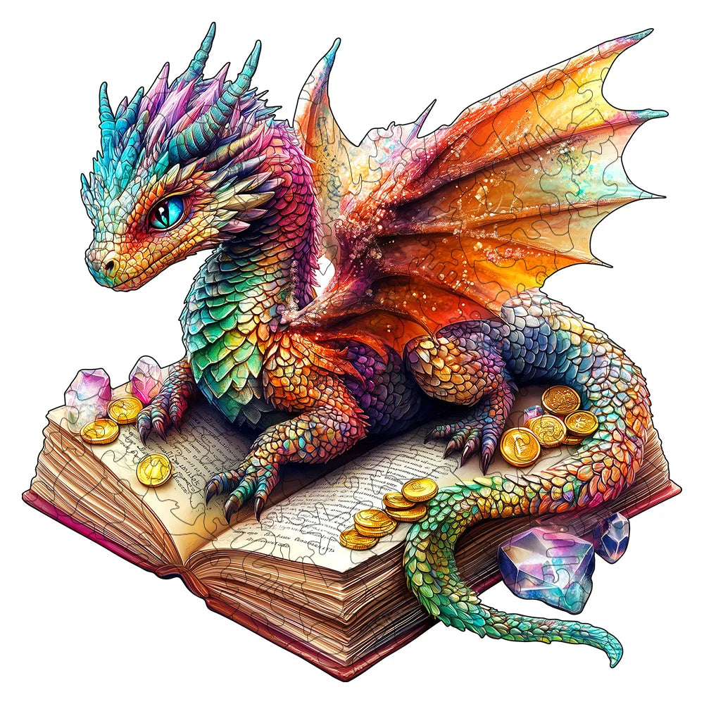3D dragon wooden jigsaw puzzle with colorful fantasy dragon sitting on an open book Main image