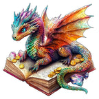 3D dragon wooden jigsaw puzzle with colorful fantasy dragon sitting on an open book