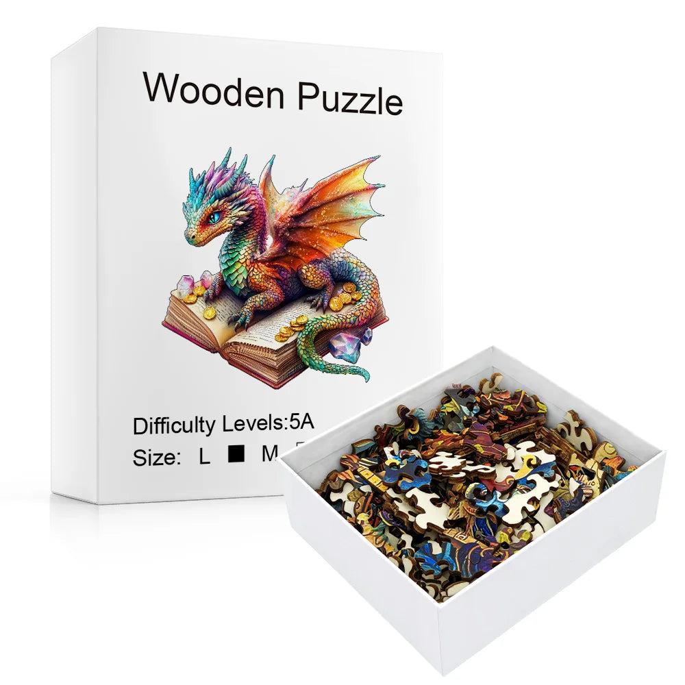 3D dragon wooden jigsaw puzzle box with wooden pieces displayed inside