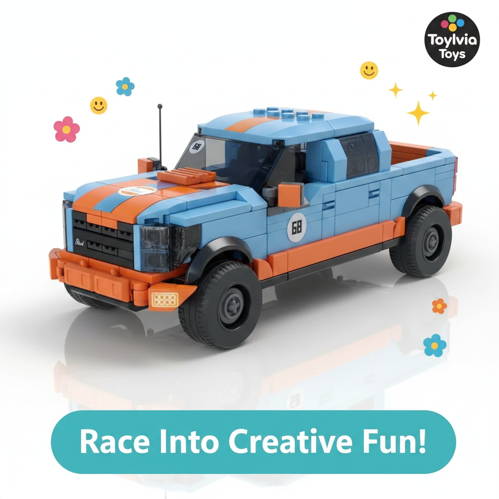Toy truck made of interlocking bricks with colorful decorations and 'Toylivio Toys' branding. Main image