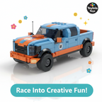 Toy truck made of interlocking bricks with colorful decorations and 'Toylivio Toys' branding.