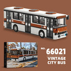 vintage city bus building blocks model with packaging box displayed on brown background