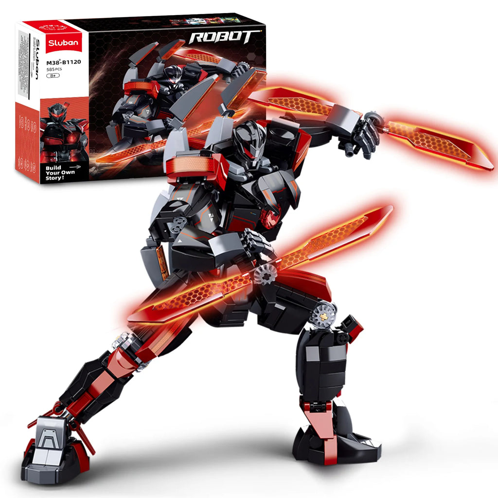 mecha robot building blocks model with glowing red blades and product packaging on white background