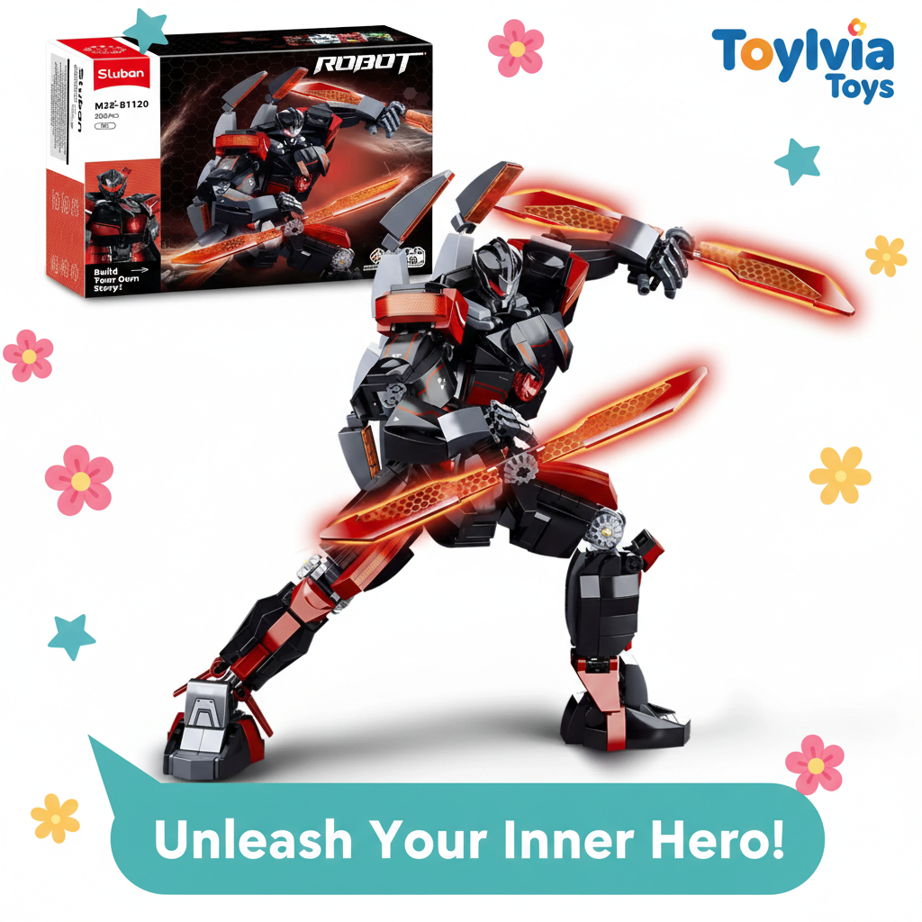 Toy robot with glowing effects in front of its packaging, featuring the Toylvia Toys brand. Main image
