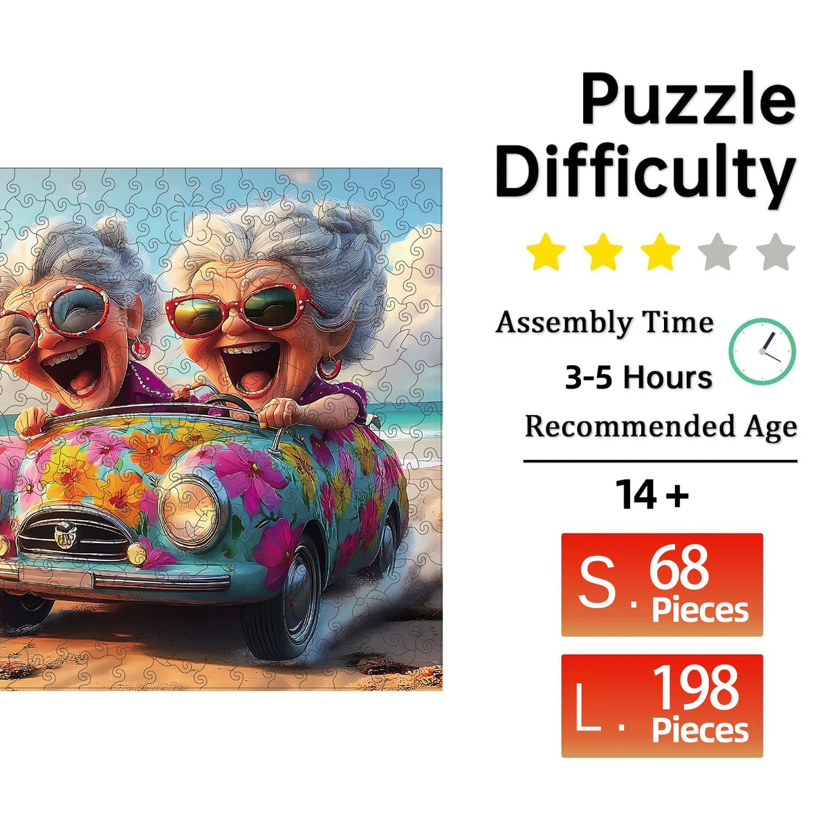 Toylvia adult wooden jigsaw puzzle showing difficulty level, 3–5 hour assembly time, 14+ age recommendation, and piece count for small and large sizes