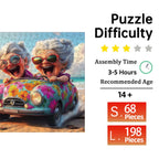 Toylvia adult wooden jigsaw puzzle showing difficulty level, 3–5 hour assembly time, 14+ age recommendation, and piece count for small and large sizes