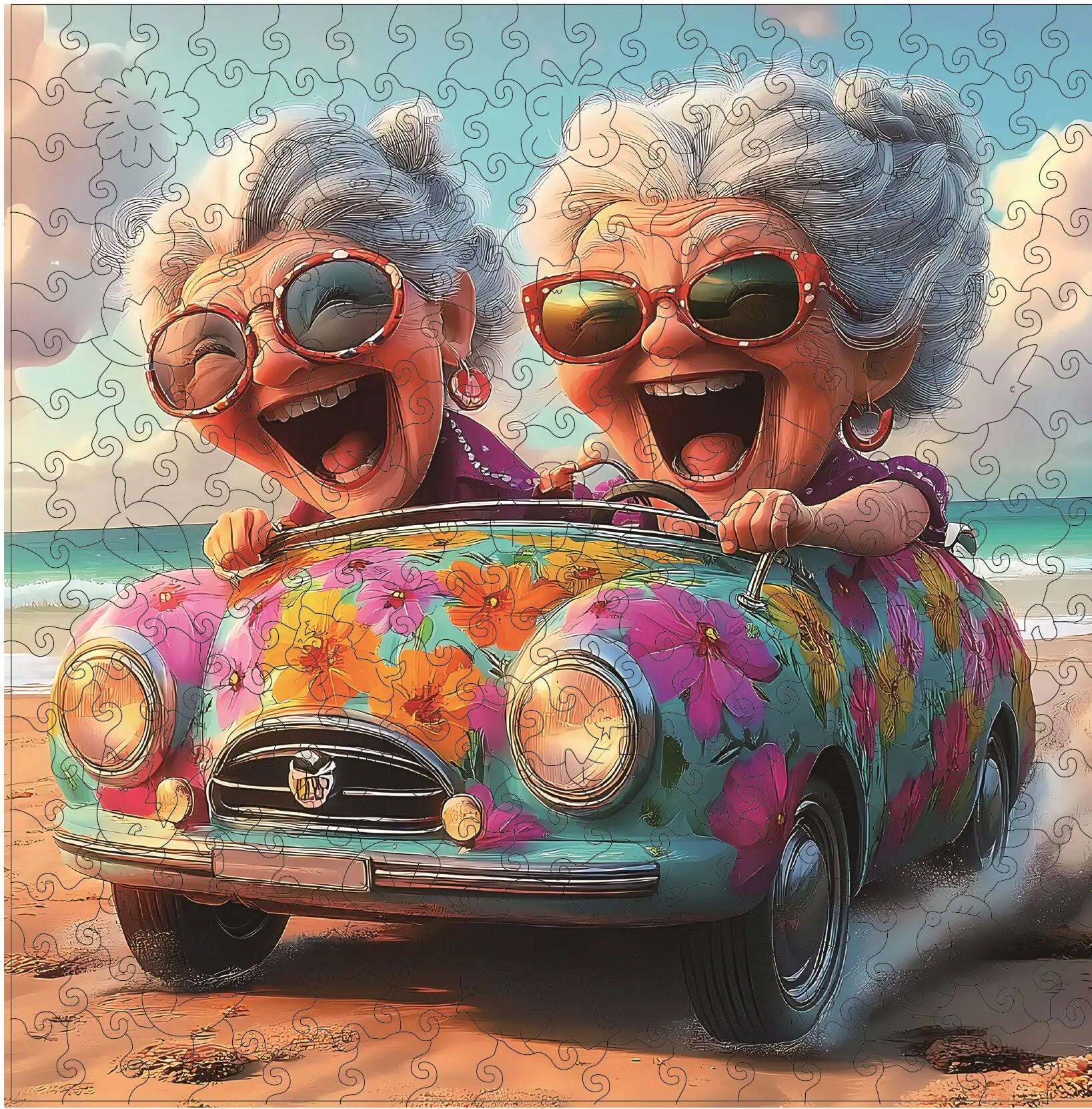 Adult Wooden Jigsaw Puzzle – Happy Old Ladies Car Art | Irregular Shape Secondary image