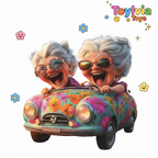 Two animated elderly women in a colorful car with 'Toyivia Toys' branding.