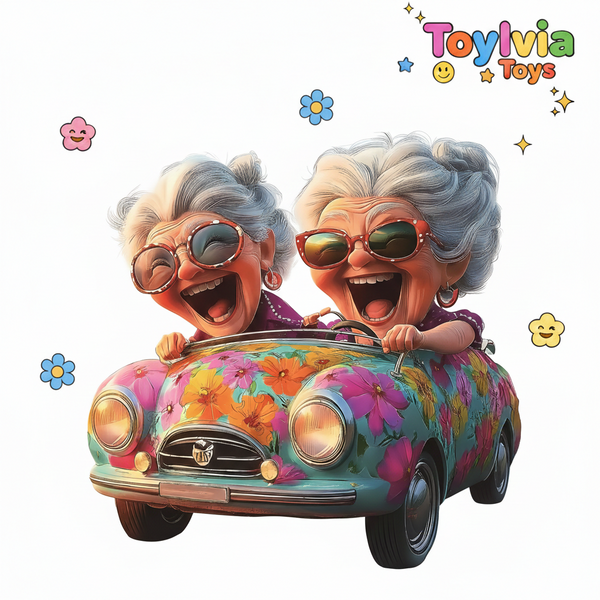 Two animated elderly women in a colorful car with 'Toyivia Toys' branding.