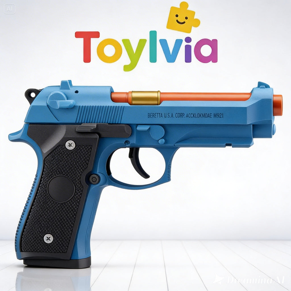 Blue Toylvia toy gun with a black textured grip and an orange barrel tip.