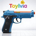 Blue Toylvia toy gun with a black textured grip and an orange barrel tip.