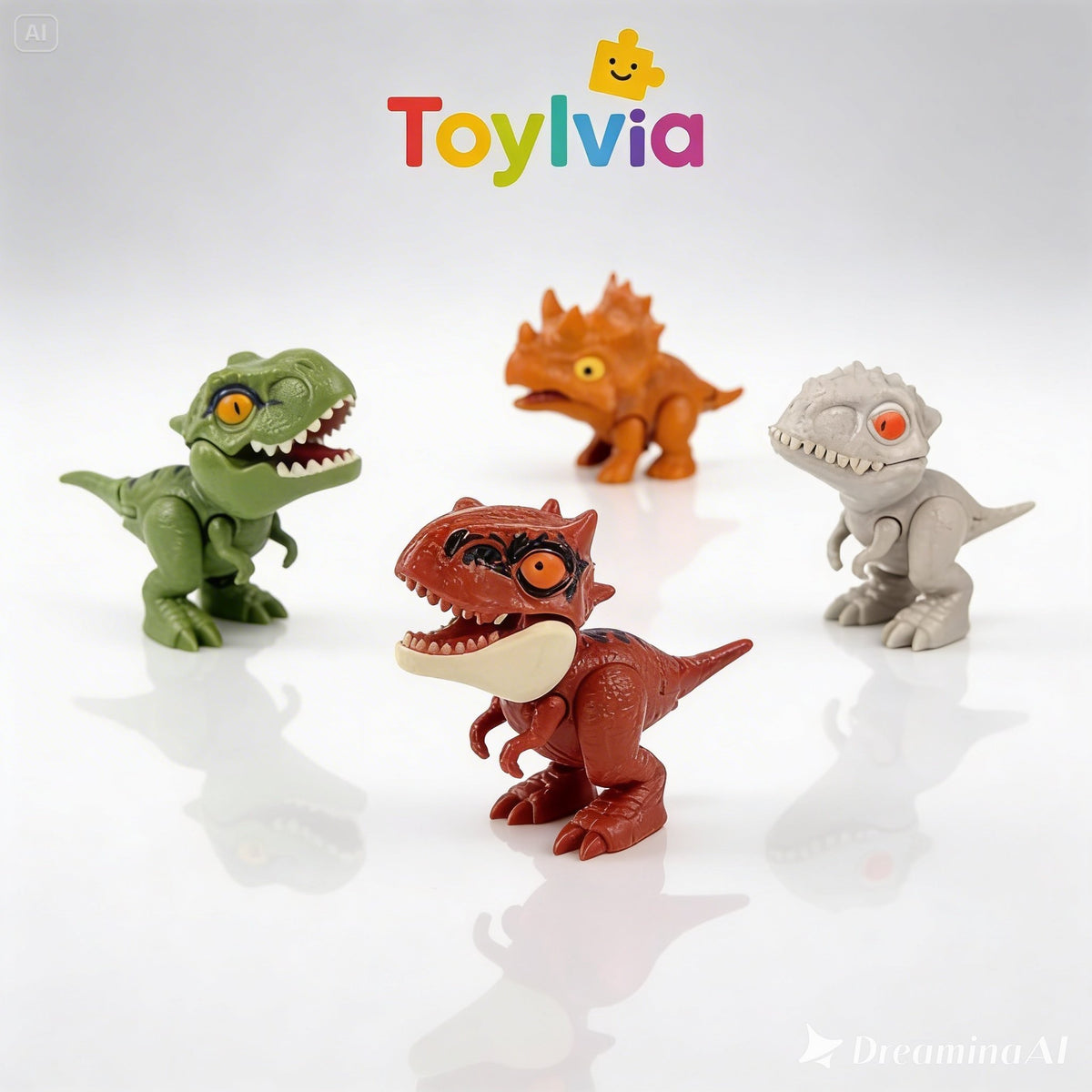 Four Toylvia dinosaur toys, including a green T-Rex and orange Triceratops, displayed on a clean white background with brand logo.