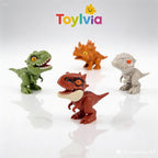 Four Toylvia dinosaur toys, including a green T-Rex and orange Triceratops, displayed on a clean white background with brand logo.