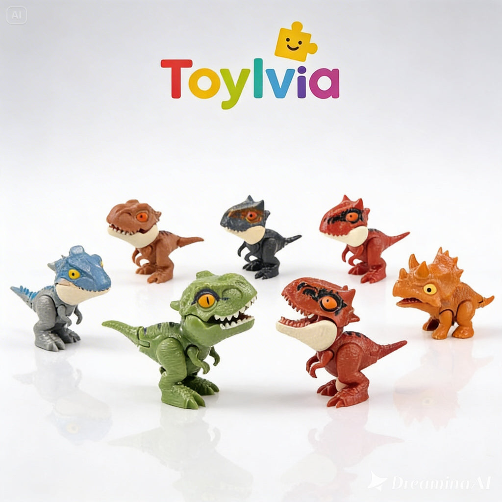 Seven Toylvia bite-action finger dinosaur toys in various colors and styles arranged on a clean white background.