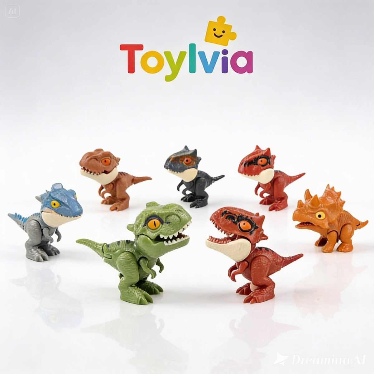 Seven Toylvia bite-action finger dinosaur toys in various colors and styles arranged on a clean white background.