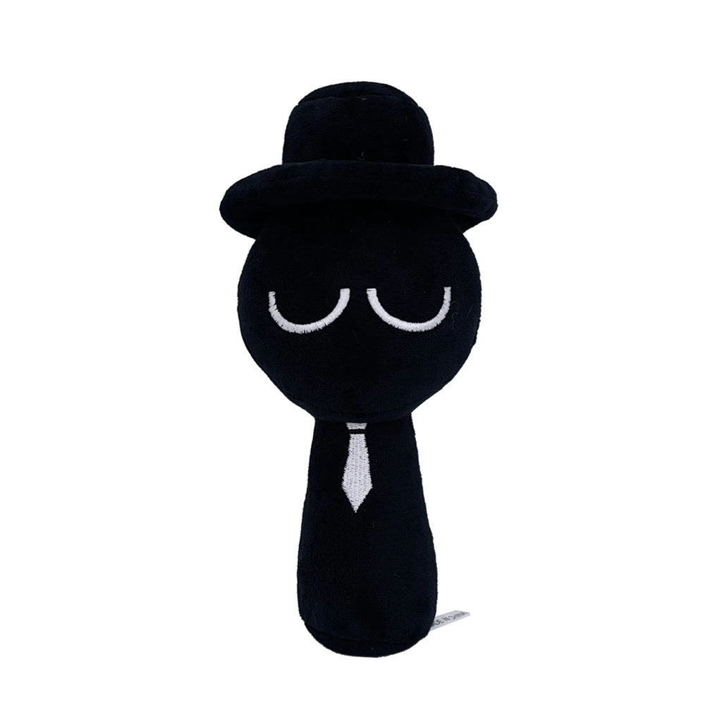 Black cartoon character plush toy wearing a top hat and tie on a white background by Toylvia