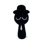 Black cartoon character plush toy wearing a top hat and tie on a white background by Toylvia