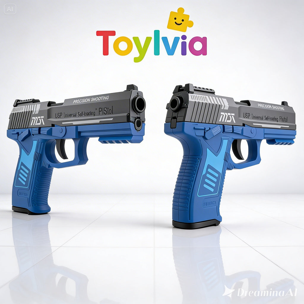 Two blue toy pistols with black slides and hardware, featuring "MDI" markings, positioned on a reflective white surface under the Toylvia brand logo