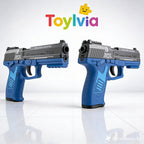 Two blue toy pistols with black slides and hardware, featuring "MDI" markings, positioned on a reflective white surface under the Toylvia brand logo