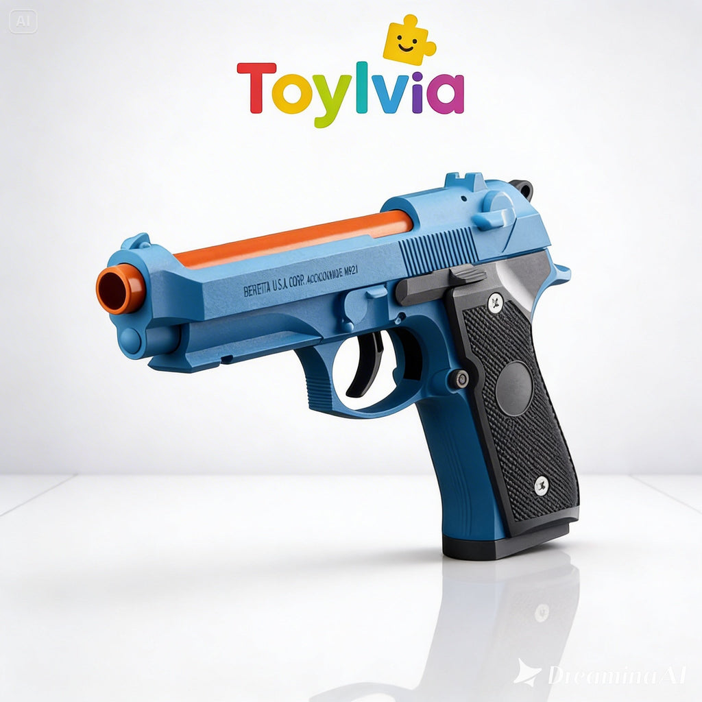 A blue toy pistol with a black textured grip and orange accents on the barrel, shown from a side profile against a white background with the Toylvia logo