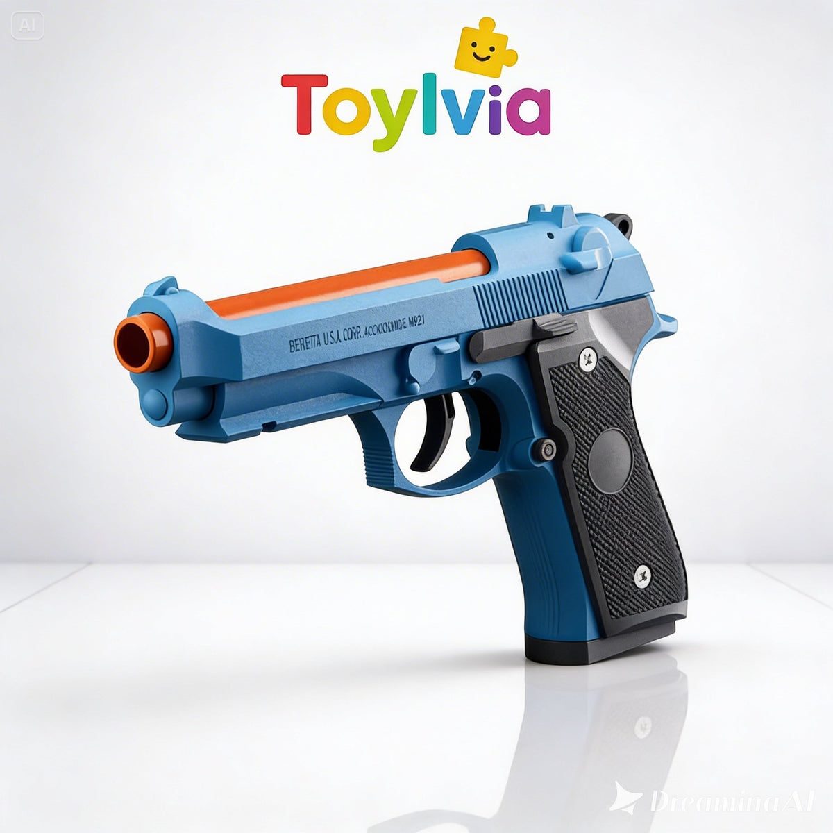 A blue toy pistol with a black textured grip and orange accents on the barrel, shown from a side profile against a white background with the Toylvia logo