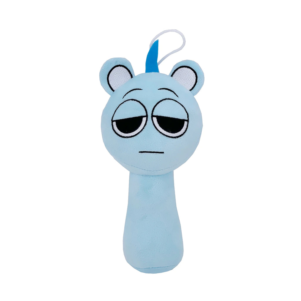 Blue cartoon character plush toy with animal-style ears and sleepy expression on a white background by Toylvia