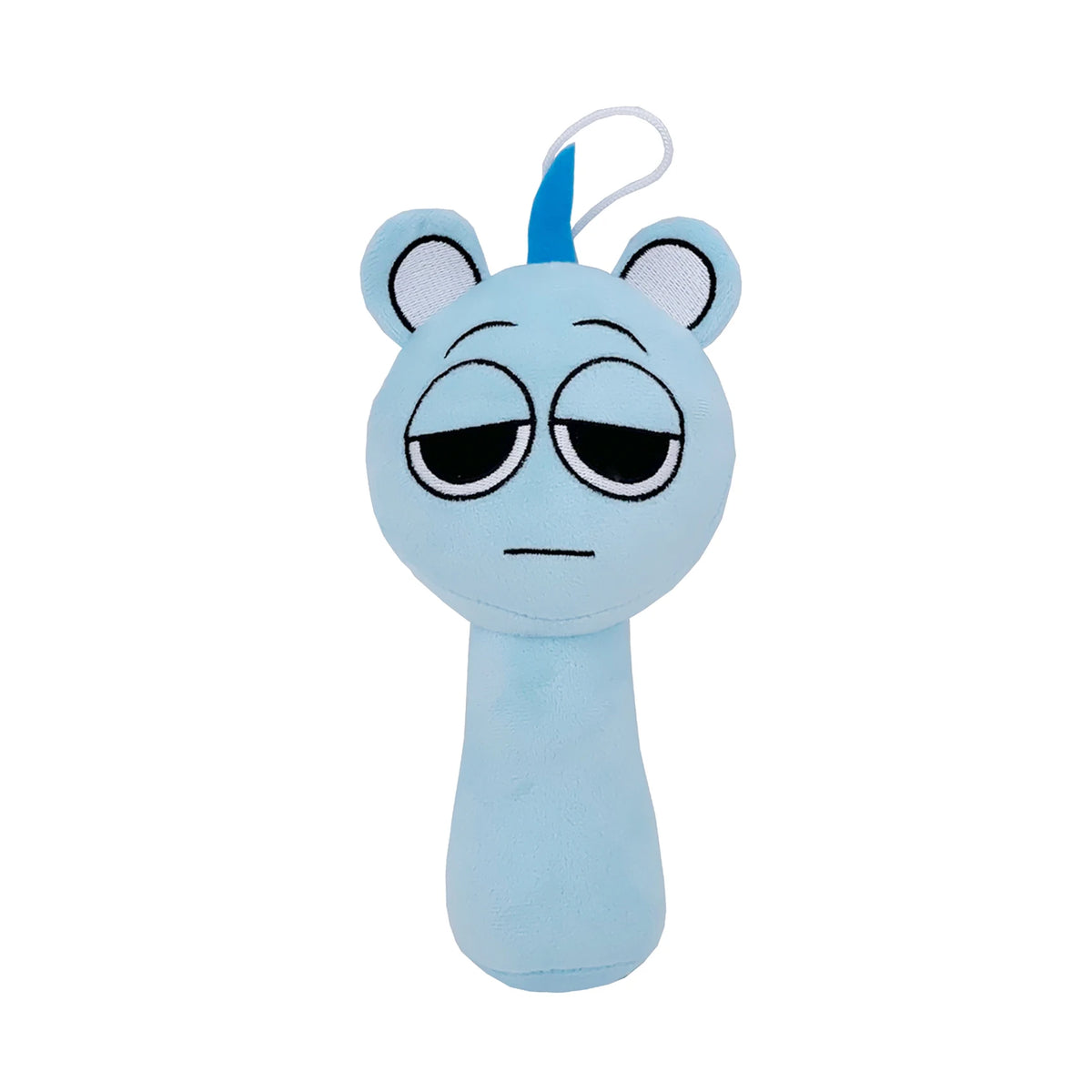 Blue cartoon character plush toy with animal-style ears and sleepy expression on a white background by Toylvia