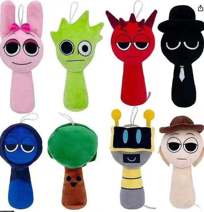 Set of colorful Toylvia cartoon plush character toys in various designs displayed on a white background