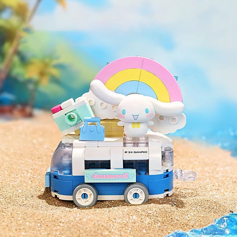 Cinnamoroll building block float vehicle with rainbow decoration on a beach scene