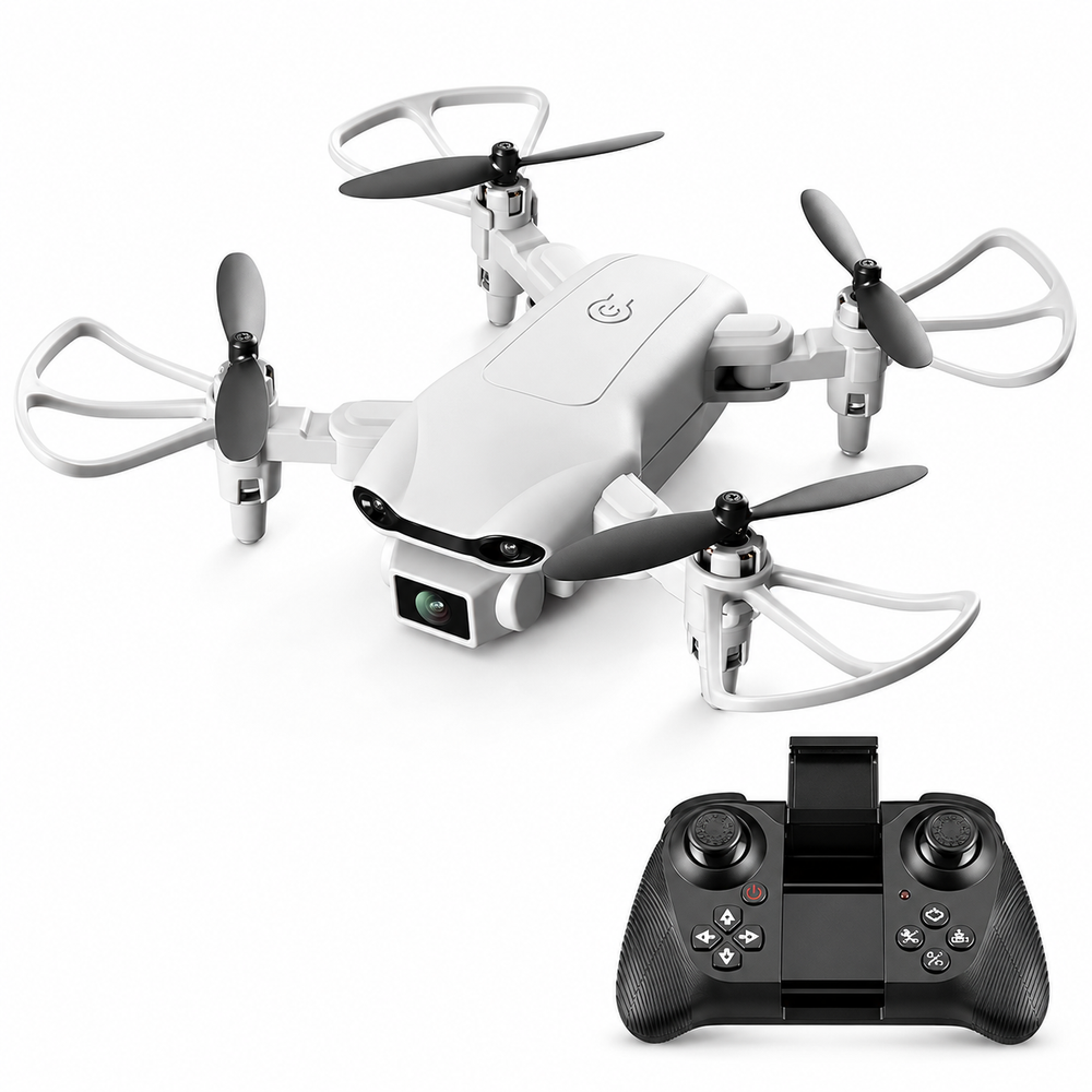 Light-gray mini RC quadcopter with curved propeller guards and matching black controller.