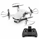 Light-gray mini RC quadcopter with curved propeller guards and matching black controller.