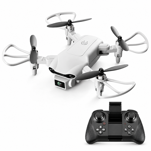 Light-gray mini RC quadcopter with curved propeller guards and matching black controller.