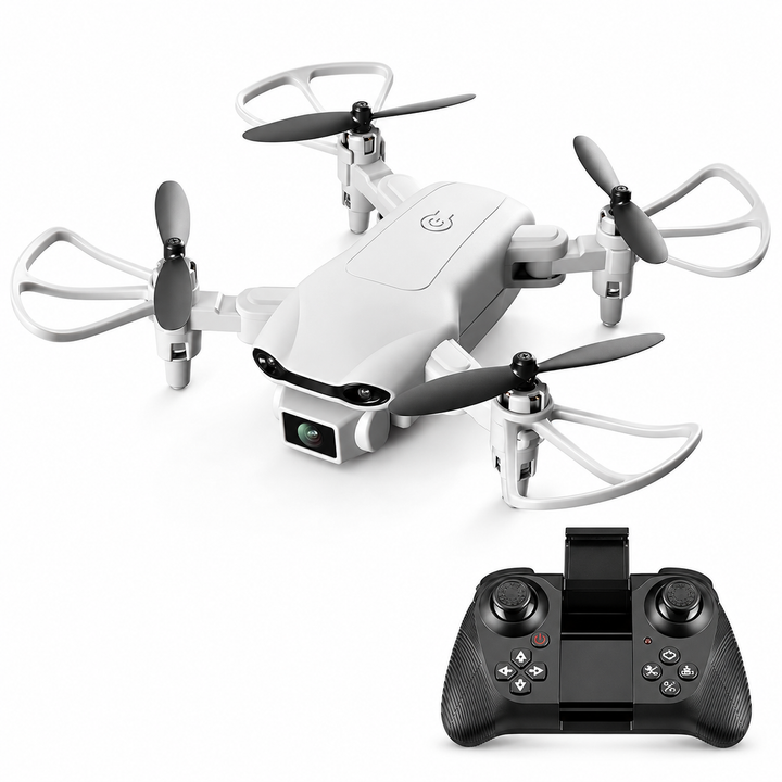 Light-gray mini RC quadcopter with curved propeller guards and matching black controller.