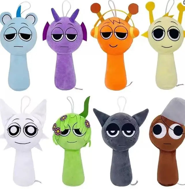 Set of colorful cartoon character plush toys with different facial expressions on a white background by Toylvia