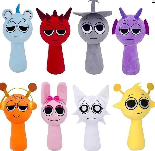 Set of colorful cartoon character plush toys with different expressions on a white background by Toylvia