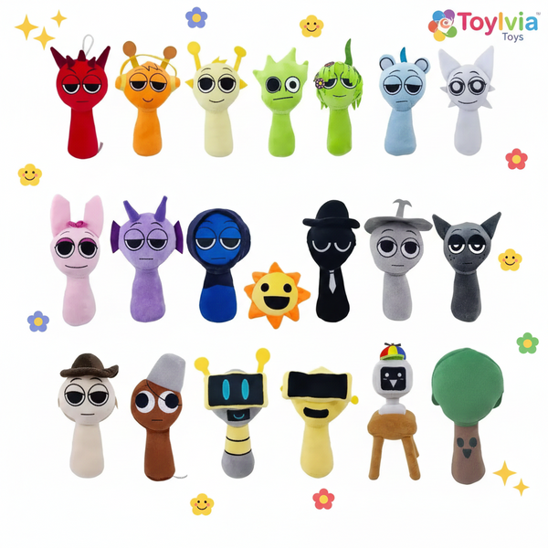 Assorted colorful plush toys with various designs on a white background, featuring the brand 'Toylivia'.