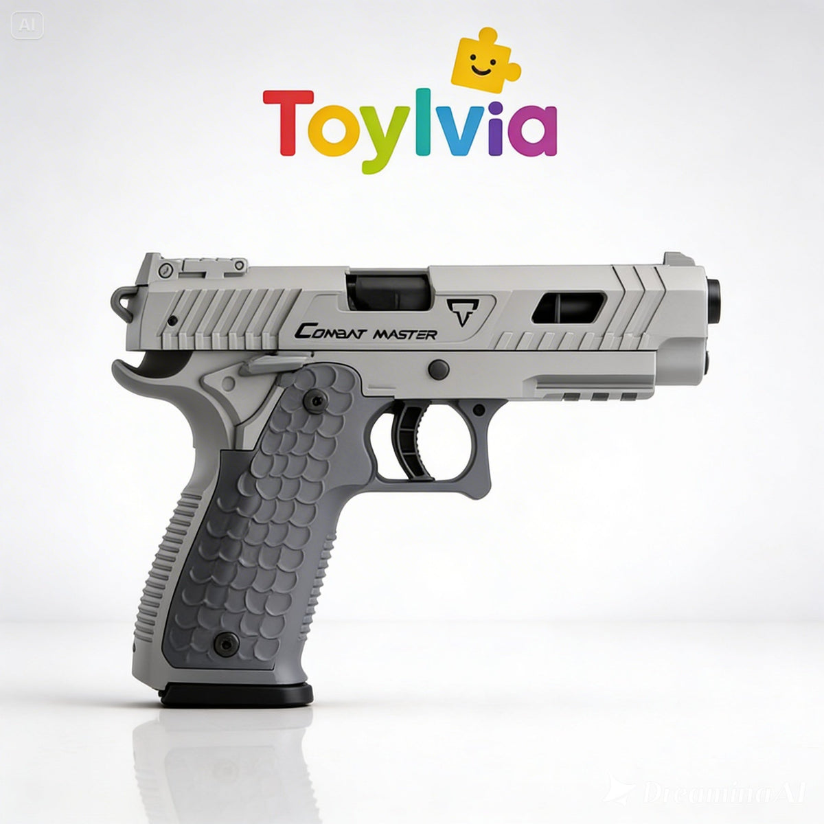 Full side profile of a grey Toylvia Combat Master toy gun with scale-patterned black grip.