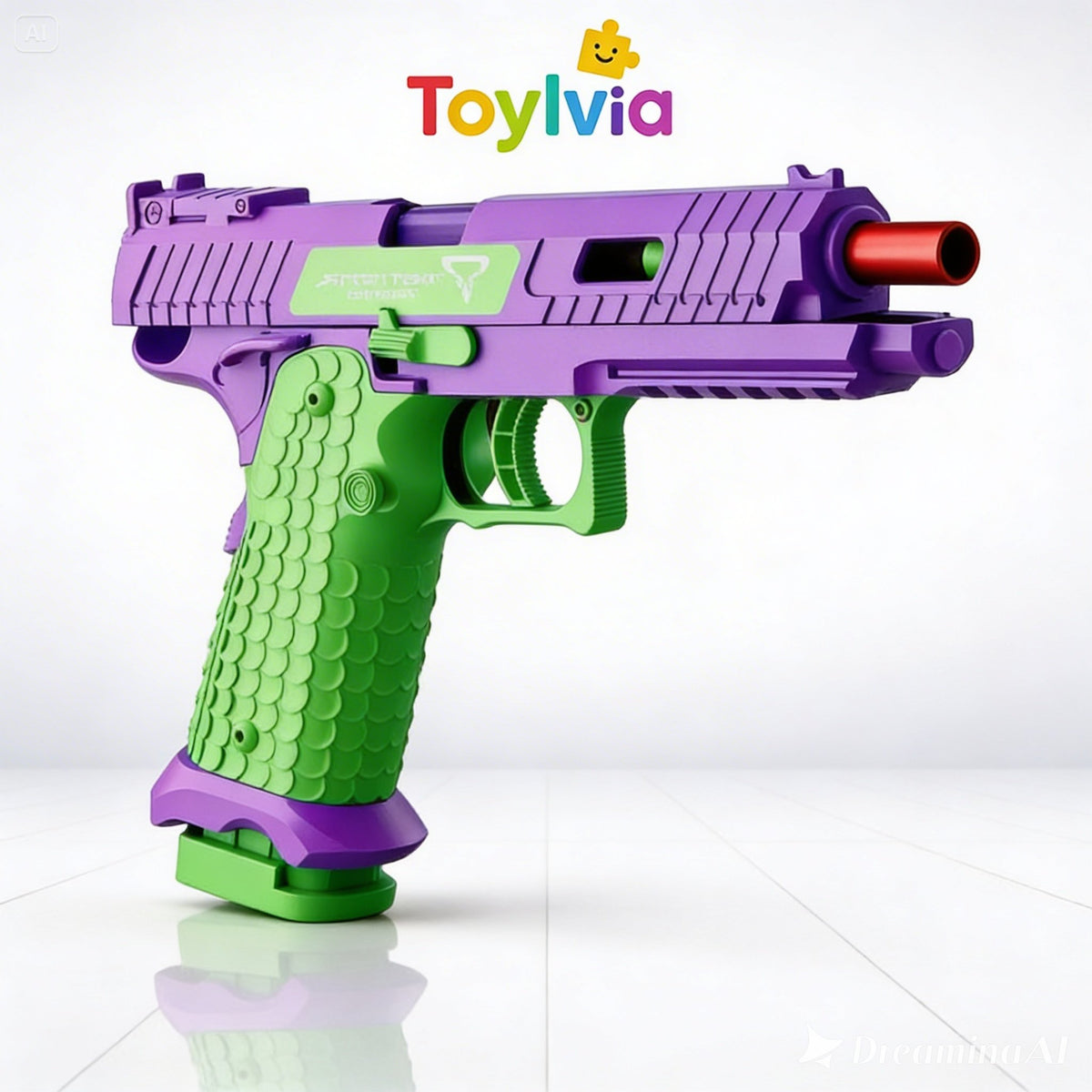 Angled view of a purple and green Toylvia Combat Master toy gun with a red barrel tip, showcasing the vibrant colors and scale-textured grip.