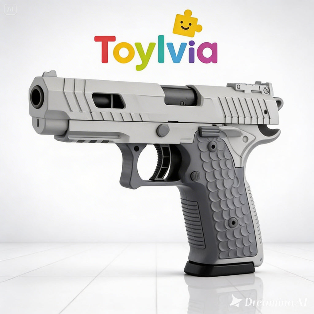 Side profile of a silver and grey Toylvia Combat Master toy gun featuring a textured scale-pattern grip and realistic slide detail.